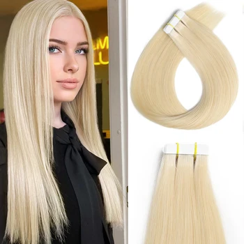 Наращивание волос Человеческие волосы 16-26 дюймов Блондинка # 613 Лента для наращивания волос Прямая Настоящая лента для наращивания волос для женщин