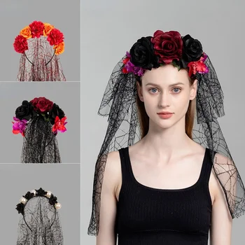 Новая имитационная цветочная повязка на голову, женские головные уборы, цветочное кружево с вуалью, повязки на голову с черепом из Черной розы для косплея на Хэллоуин