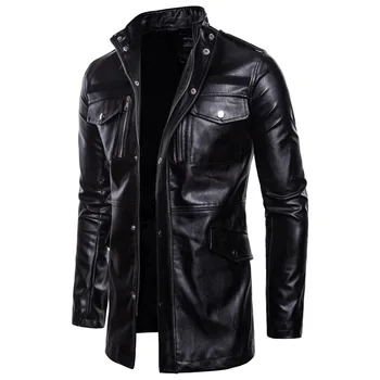Новая осенне-зимняя однотонная мужская кожаная куртка средней длины со стоячим воротником и четырьмя карманами, мотоциклетная куртка