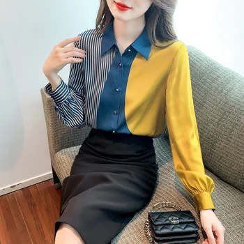 Новая рубашка в летнем стиле, женская блузка с длинными рукавами, атласная вставка с лацканами, контрастная Корейская мода  