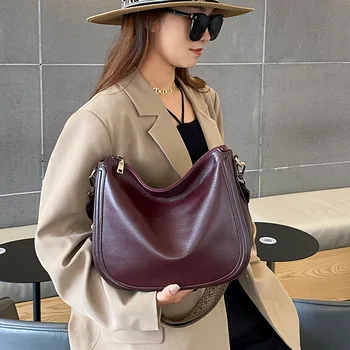 Новая широкополосная сумка через плечо большой емкости для женщин, нишевая кожаная сумка через плечо, простая и модная мягкая сумка из воловьей кожи