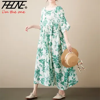 Новое летнее женское платье 2023 Оверсайз В богемном стиле Или бохо, повседневный Свободный халат с винтажным принтом, хлопковое платье в Корейском стиле, длинные платья с цветочным рисунком
