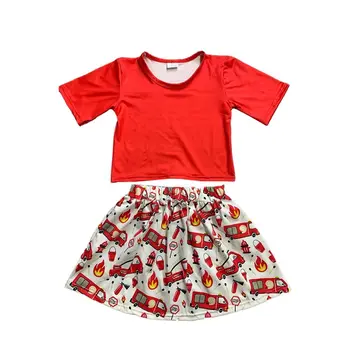 Новый дизайн одежды для маленьких девочек, модные детские наряды, распродажа летней одежды для маленьких девочек с принтом пожарной машины, комплекты юбок