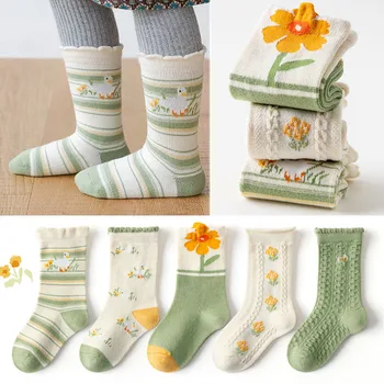 Носки для маленьких девочек, хлопчатобумажные носки в цветочек, весна-осень, детские Носки для младенцев от 1 до 12 лет, детские носки, 5 пар
