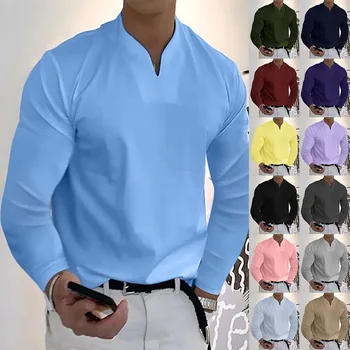 Одежда Рубашка-поло Спортивная футболка Мужская эластичная с длинными рукавами Осенний V-образный вырез Деловой Формальный Офисный мужской стиль