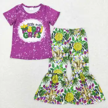 оптовая продажа детской одежды для маленьких девочек, детская одежда, фиолетовый карнавальный брючный костюм в цветочек с коротким рукавом