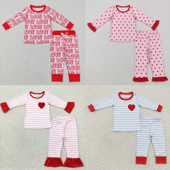 Оптовая продажа, Пижамы для маленьких девочек, Детская футболка с длинными рукавами и сердечками на День Святого Валентина, Комплект одежды для малышей, Детские штаны, пижамы