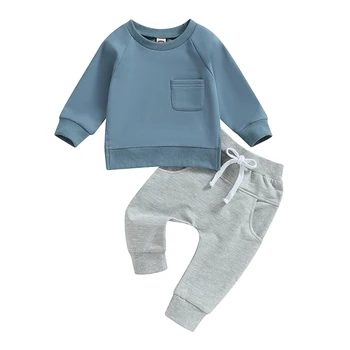 Осенне-зимняя одежда из 2 предметов для маленьких мальчиков, пуловер с круглым вырезом и длинными рукавами, толстовка и брюки, комплект спортивного костюма