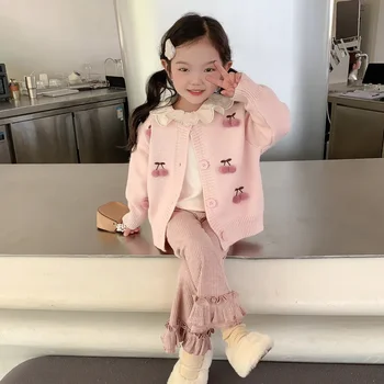 Осенний вязаный кардиган для детей и девочек 2023, Новый детский свитер в корейском стиле, низ, укороченные брюки, комплект одежды для девочек, костюм