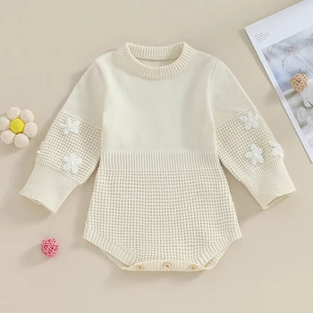 Очаровательный комбинезон-свитер для маленьких девочек, повседневная милая одежда с вышивкой ромашек, трикотажные боди с круглым вырезом и длинными рукавами для новорожденных