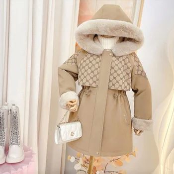 Пальто для девочек, зимняя хлопчатобумажная ветровка 2023, цветочное теплое плюс утепленное пальто для подростков, зимний комбинезон, детская одежда