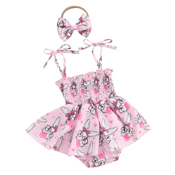 Пасхальная одежда для новорожденных девочек с завязками и банни, платье-комбинезон с цветочным принтом, боди с оборками, комбинезон с повязкой на голову