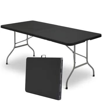 Пластиковый складной стол Vebreda 6 футов, портативный раскладывающийся пополам стол для помещений и улицы, черный