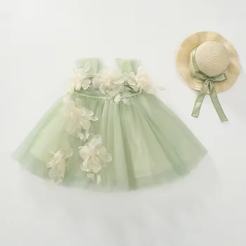 Платье для девочек, Летнее модное Милое детское платье принцессы с цветочным узором, Универсальная соломенная шляпа с цветочным узором Длиной до колен, платье-гриль