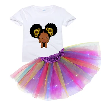 Платье для девочек на заказ, вечернее платье, Черная африканская футболка с вьющимися волосами для девочек с коротким рукавом и рисунком из мультфильма + юбка, Рождественский подарок