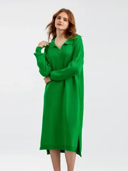 Платье Миди-свитер Оверсайз, осеннее трикотажное повседневное платье-поло с длинным рукавом и разрезом, элегантные вечерние платья для вечеринок для женщин