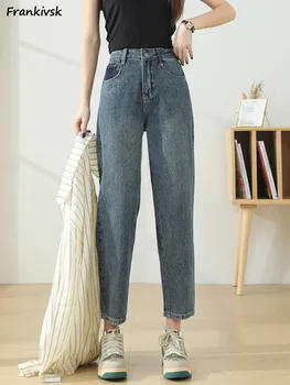 Простые джинсы-шаровары, женские однотонные манжеты, Корейский стиль, Повседневная длина по щиколотку, Свободные, Элегантные, с высокой талией, Harajuku, Модные, универсальные, летние