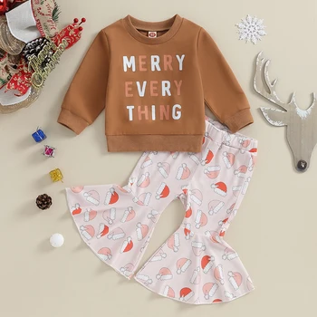 Рождественские наряды для маленьких девочек с буквенным принтом, свитшоты с круглым вырезом, расклешенные брюки с принтом Шляпы Санта-Клауса, 2 шт. Комплекты рождественской одежды