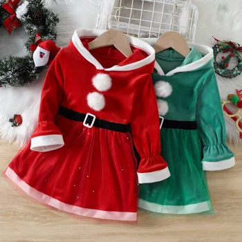 Рождественские подарки от Санта-Клауса для детей от 6 до 4 лет, Рождественский наряд для маленьких девочек, Красное бархатное меховое платье принцессы с длинным рукавом и поясом