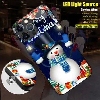 Рождественский Подарок К Празднику LED Light Светящийся Чехол Для Телефона из Закаленного Стекла для iPhone 11 12 13 14 15 X Xs Xr Mini Pro Max Plus