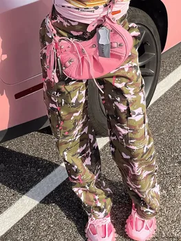 Розовые камуфляжные военные брюки-карго, длинные женские спортивные штаны с высокой талией и пуговицами, с множеством карманов, прямые широкие брюки