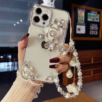 Роскошный блестящий бриллиантовый чехол с цветком камелии на ремешке для телефона для iPhone 15 14 13 12 11 Pro Max + Plus, поворотные чехлы