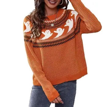 Свитер с длинными рукавами, уютный свитер в стиле Хэллоуина, женский вязаный пуловер с мультяшным принтом Призрака, осень/зима