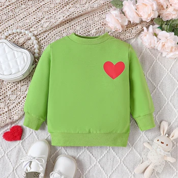 Свитшоты для маленьких девочек и мальчиков, рождественская одежда с вышивкой в виде сердца, круглый вырез, длинный рукав, зеленые детские пуловеры, детские осенние топы
