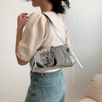 Серебряные сумки через плечо для женщин, дизайнерский бренд, маленькие сумочки, кошелек из глянцевой искусственной кожи, Элегантная женская сумка яркого цвета подмышками.
