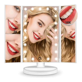 Складное Зеркало для макияжа со светодиодной подсветкой, 3-х Тональная подсветка, Настольное зеркало для туалетного столика с 2-х/3-х кратным увеличением, Регулируемое на 360 °, перезаряжаемое.