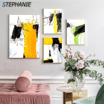 Современная красочная абстрактная живопись на холсте, Креативные Черные линии, печать плаката, Желтая настенная художественная картина для гостиной, кухни