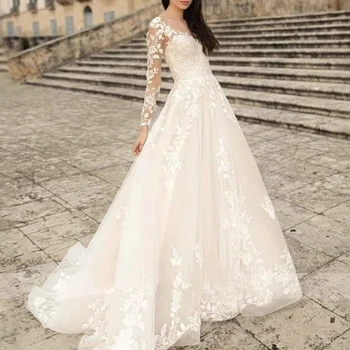 Современное свадебное платье с круглым вырезом, кружевное свадебное платье трапециевидной формы с длинными рукавами, свадебные платья невесты с аппликациями, Vestido De Novia