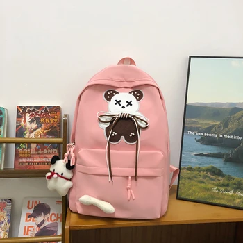 Студенческий рюкзак в корейском стиле 2024, Новый высококачественный рюкзак для учащихся средней школы со шнуровкой в виде плюшевого мишки 학생 가방