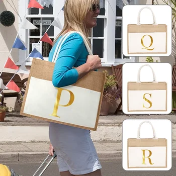 Сумки-тоут для покупателей, сумка для пикника большой емкости, женская сумка-тоут, многоразовая льняная сумка через плечо, серия Letter, супермаркет Shoppin