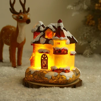Сцена с рождественскими украшениями, Деревенские дома, город с теплым белым светодиодным освещением, Рождественский орнамент, Мини-фигурка из смолы, декор стола, поделки