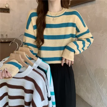 Укороченный пуловер с круглым вырезом в полоску с цветными блоками в стиле ретро, женский весенне-осенний вязаный топ с длинным рукавом в корейском стиле, мода
