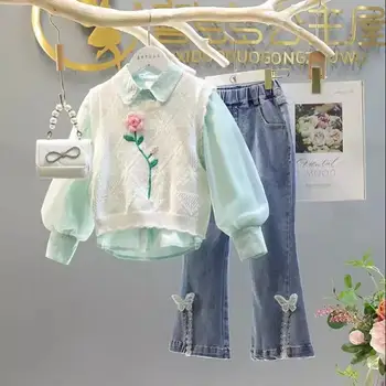 Хлопковая рубашка с лацканами, детский жилет, джинсы, комплект из трех предметов