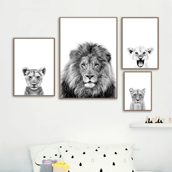 Черно-белые плакаты с животными-львицами с принтом Львенка, декор стен в сафари, детская комната, детские животные, настенное искусство, холст, живопись