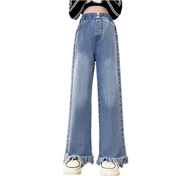 Широкие брюки для девочек-подростков, Корейская прямая мода, дизайн с кисточками, весна-осень, хит продаж, детские винтажные джинсовые брюки от 10 до 12 лет