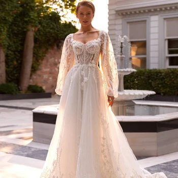 Элегантное свадебное платье принцессы в стиле Бохо с вышитой аппликацией и рукавами-фонариками, Великолепные Свадебные платья из тюля высокого качества