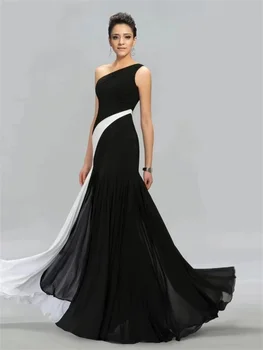 Элегантное шифоновое вечернее платье без рукавов из черного атласа и белого цвета в пол контрастного цвета Со складками на одном плече