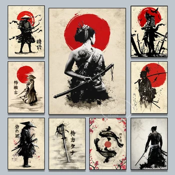 Японский плакат с самураями Бусидо, ретро Холст, картины и HD-принты, черно-красные картины для домашнего декора стен гостиной